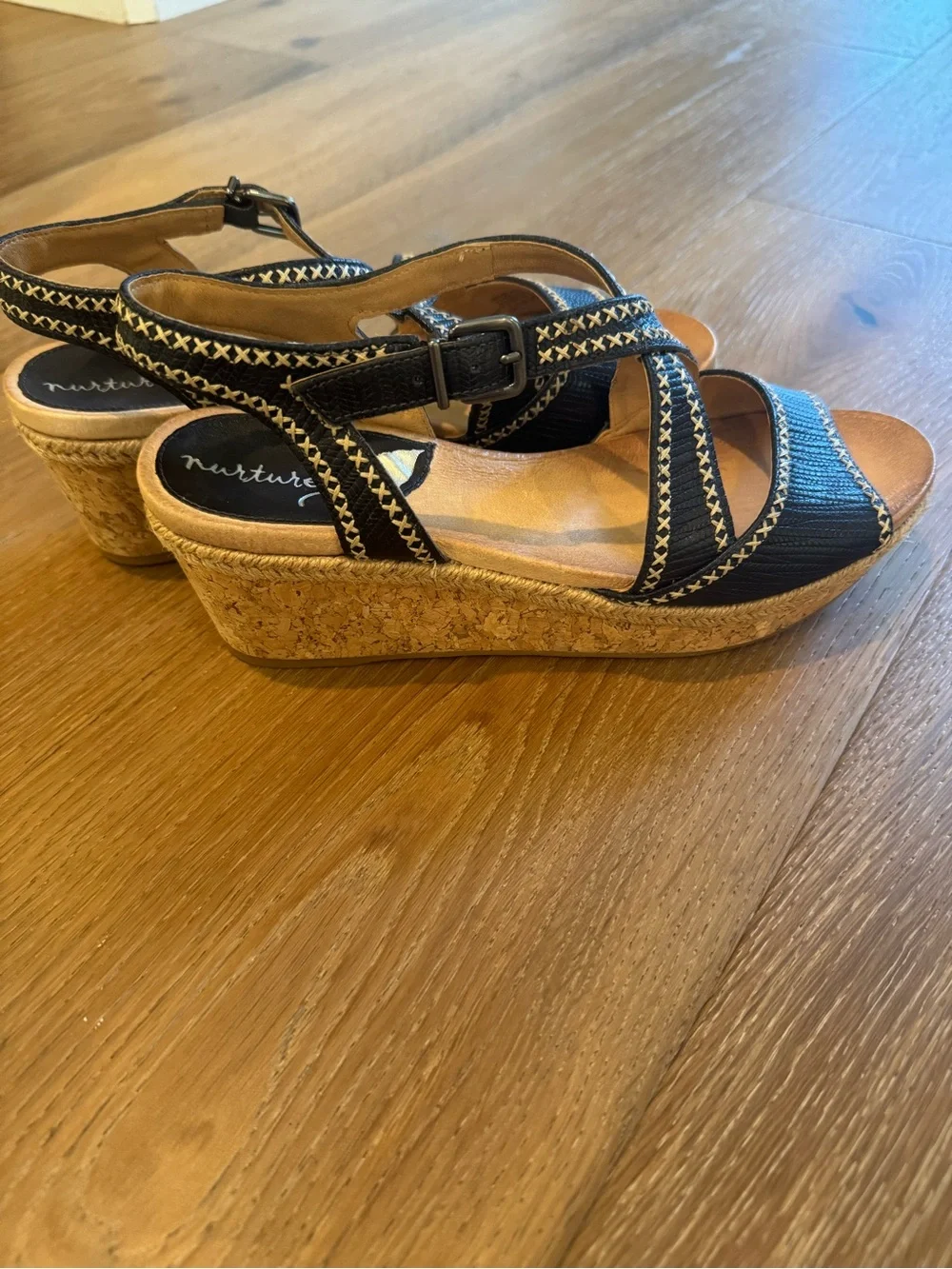 Nurture Lilithe Black Leather Cross-Stitch Wedge Sandals - Size 9